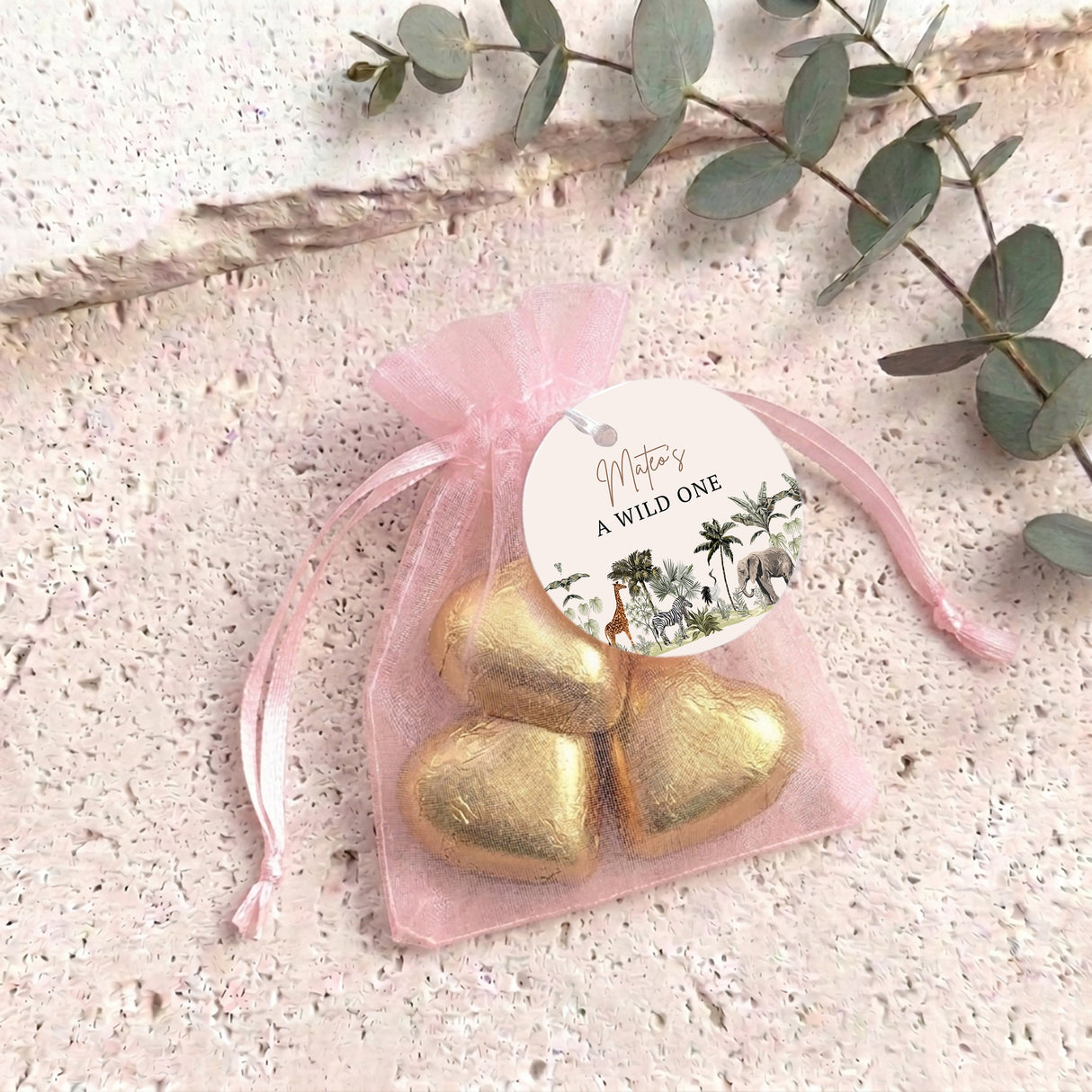 Jungle Safari Wild One Personalised Organza Bags with Chocolate Hearts
