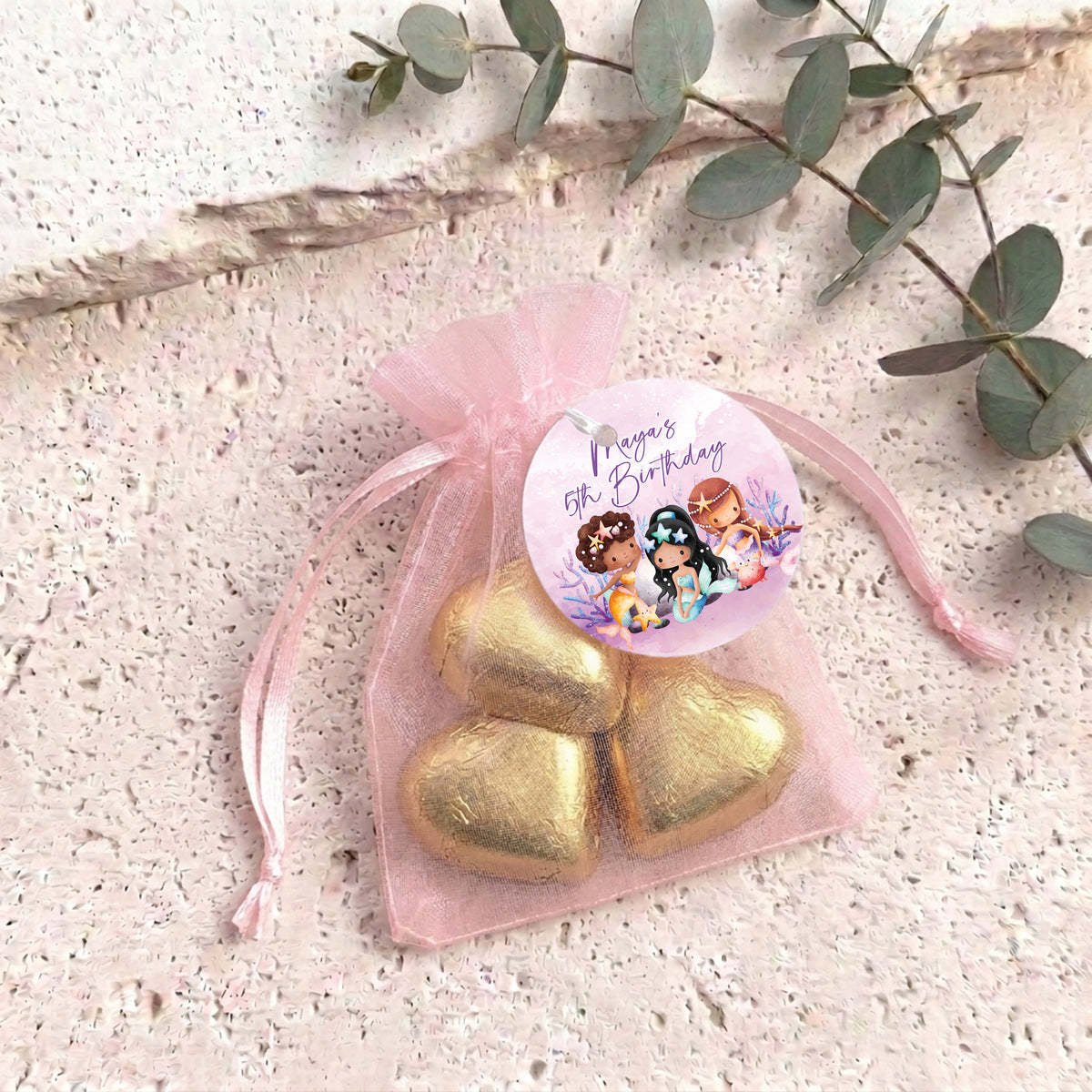 Mermaids Birthday Personalised Organza Bags with Chocolate Hearts
