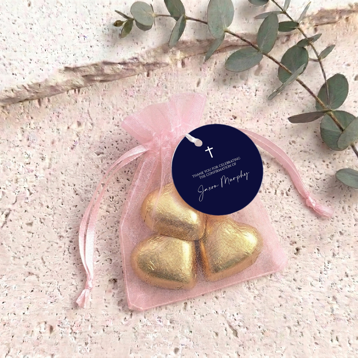 Navy Blue White Cross First Holy Communion Personalised Organza Bags with Chocolate Hearts