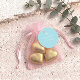 Pastel Blue White Cross Christening Personalised Organza Bags with Chocolate Hearts