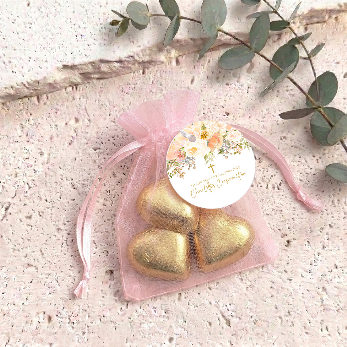 Peach Cream Roses Waterfall Confirmation Personalised Organza Bags with Chocolate Hearts