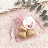 Pink Floral Boho Wedding Personalised Organza Bags with Chocolate Hearts