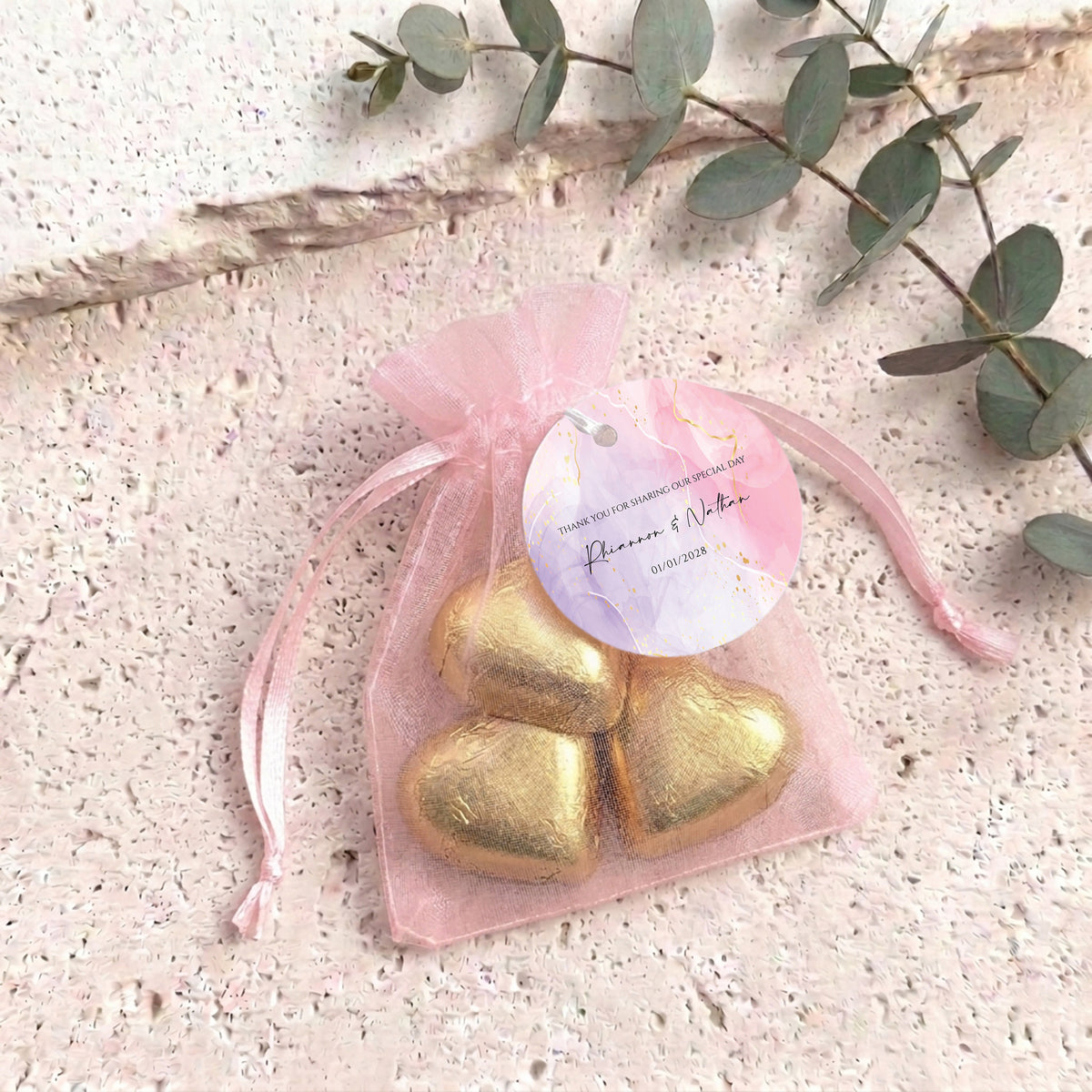 Pink Purple Marble Weddings Personalised Organza Bags with Chocolate Hearts