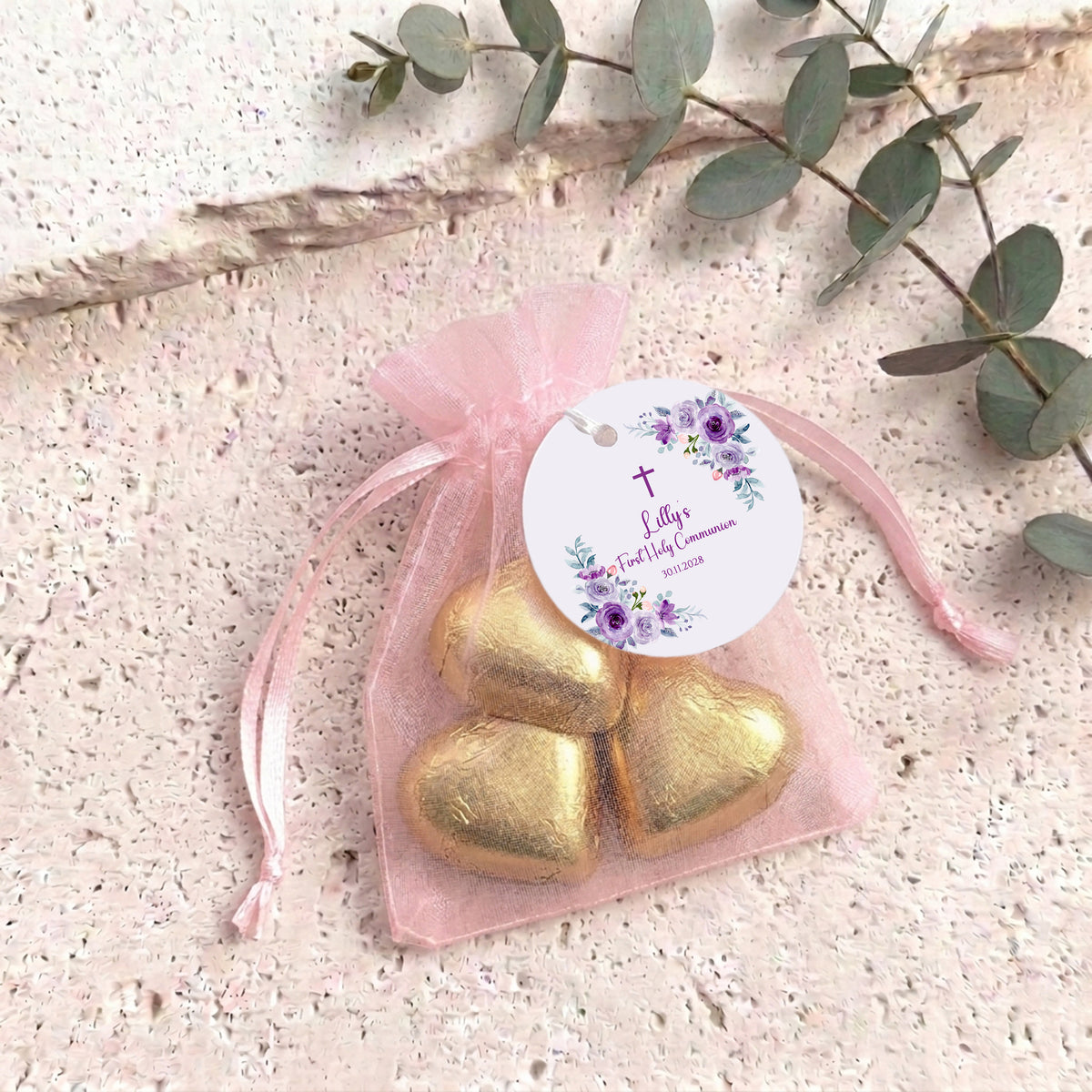 Pink Purple Roses First Holy Communion Personalised Organza Bags with Chocolate Hearts