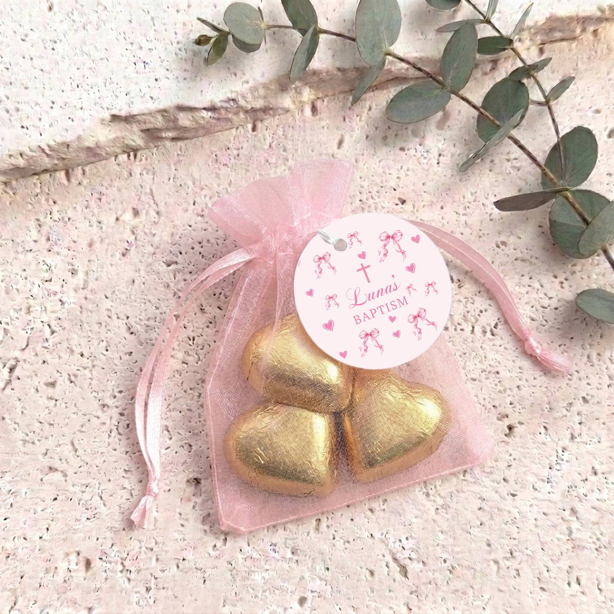Pink Ribbons Bow Baptism Personalised Organza Bags with Chocolate Hearts