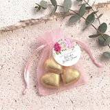 Pink Rose Waterfall Bridal Shower Personalised Organza Bags with Chocolate Hearts