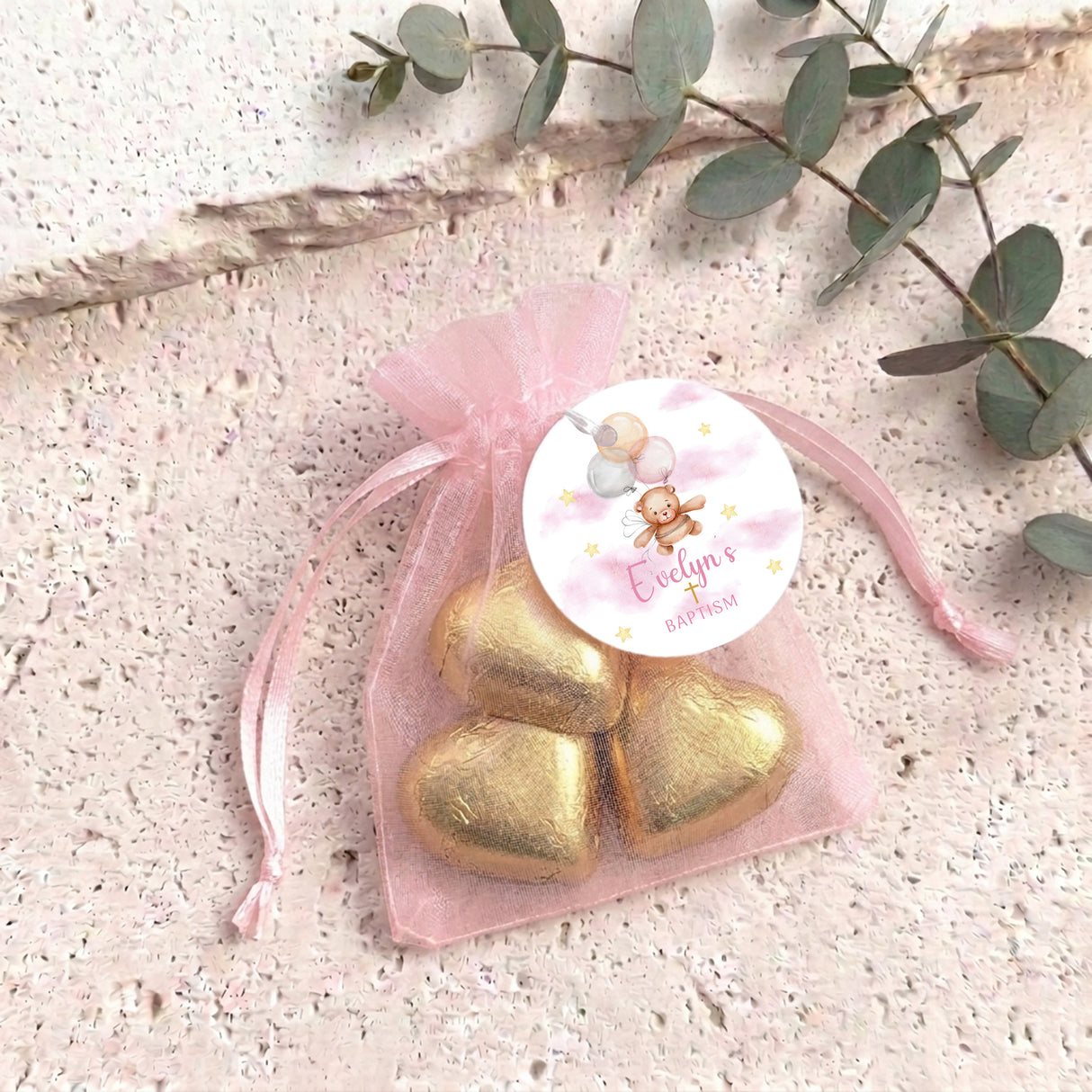 Pink Teddy Balloons Baptism Personalised Organza Bags with Chocolate Hearts