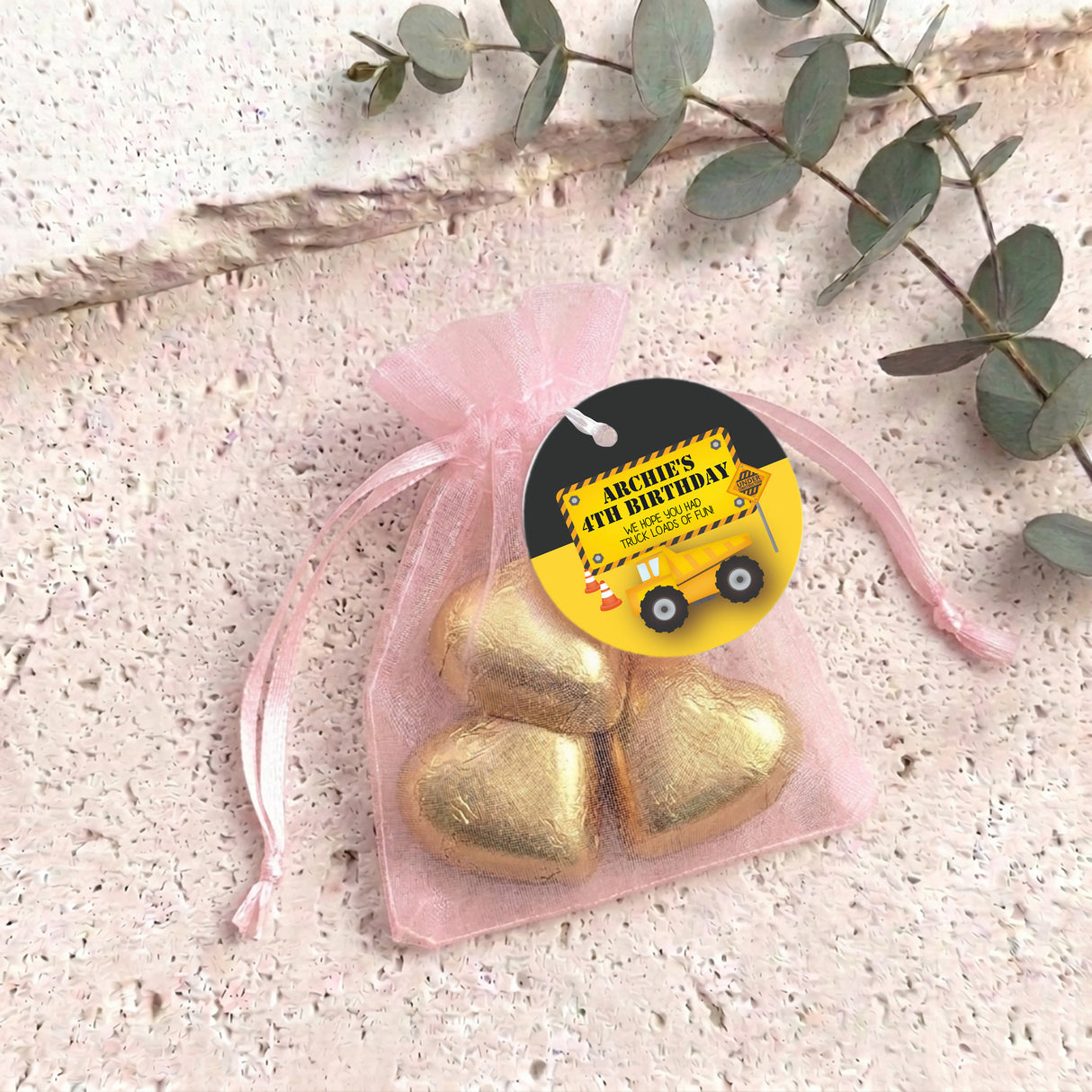 Trucks Diggers Birthday Personalised Organza Bags with Chocolate Hearts