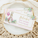 Personalised pink Peter Rabbit baby shower chocolate bar wrapper with 'Belinda's Baby Shower' text