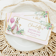 Pink Peter Rabbit baptism chocolate wrapper: bunny, cross, and ‘BAPTISM DAY’ text