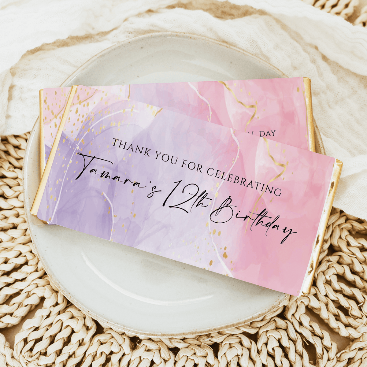 Pink, purple & gold marble birthday bar wrapper with 'Thank you' message