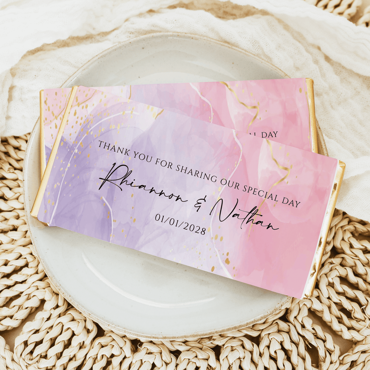 Marble wedding chocolate bar wrapper in pink, purple, and gold with thank-you text