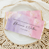 Marble wedding chocolate bar wrapper in pink, purple, and gold with thank-you text