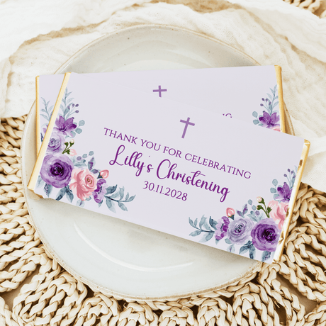 Thank you for celebrating Lily & Christening chocolate bar with purple crosses and roses