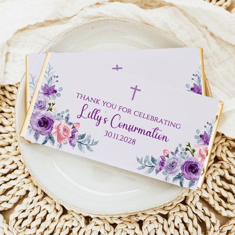 Confirmation chocolate bar wrapper with purple roses, crosses, and thank-you text