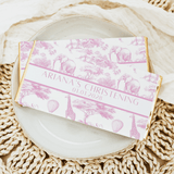 Pink safari toile christening chocolate bar wrappers with custom name and date