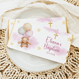 Custom baptism chocolate bars with pink teddy, balloons, and Eliana’s Baptism date