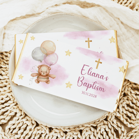 Custom baptism chocolate bars with pink teddy, balloons, and Eliana’s Baptism date