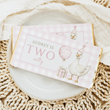 Pink birthday chocolate bar wrapper with duck, “Audrey is Two” text, party hat and balloon