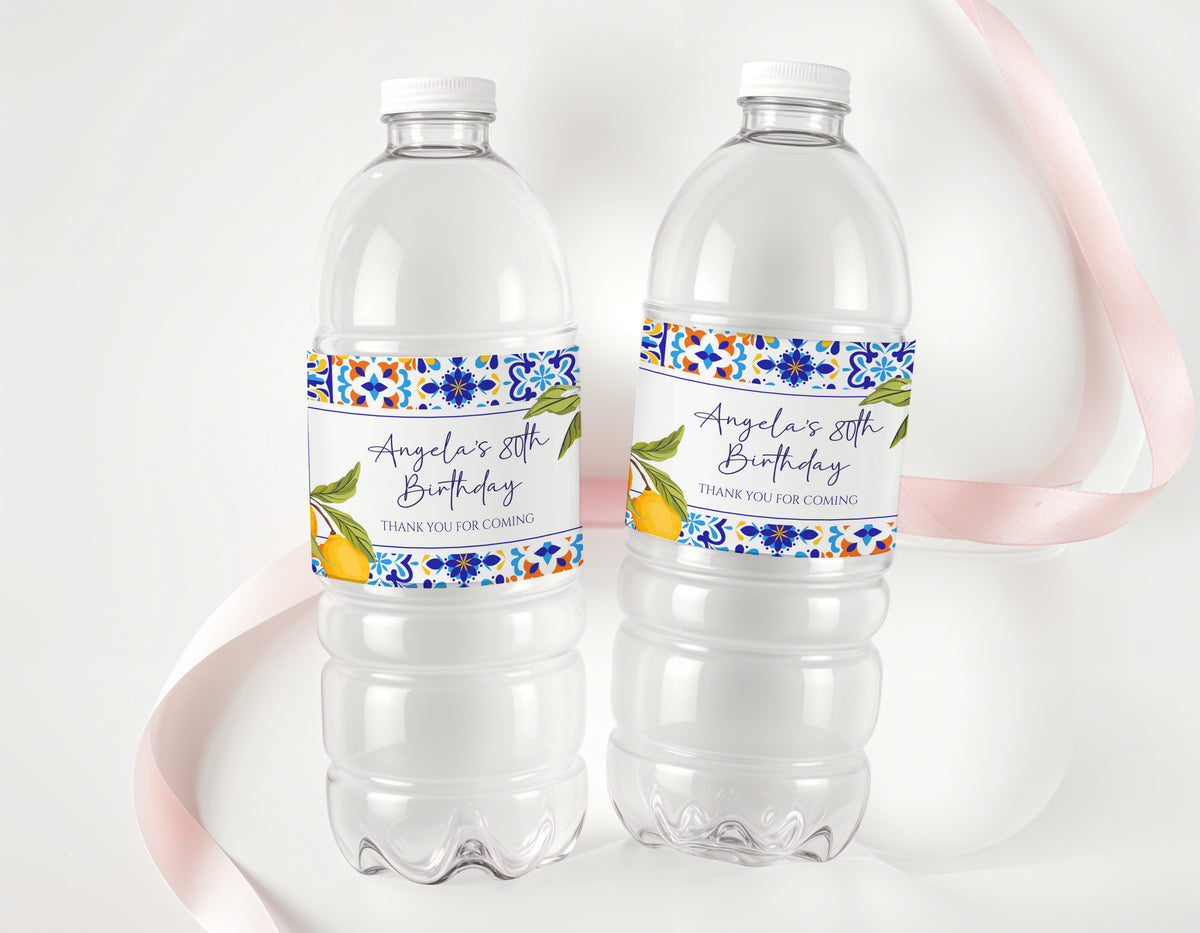 Amalfi Lemons 80th Birthday Personalised Water Bottle Labels