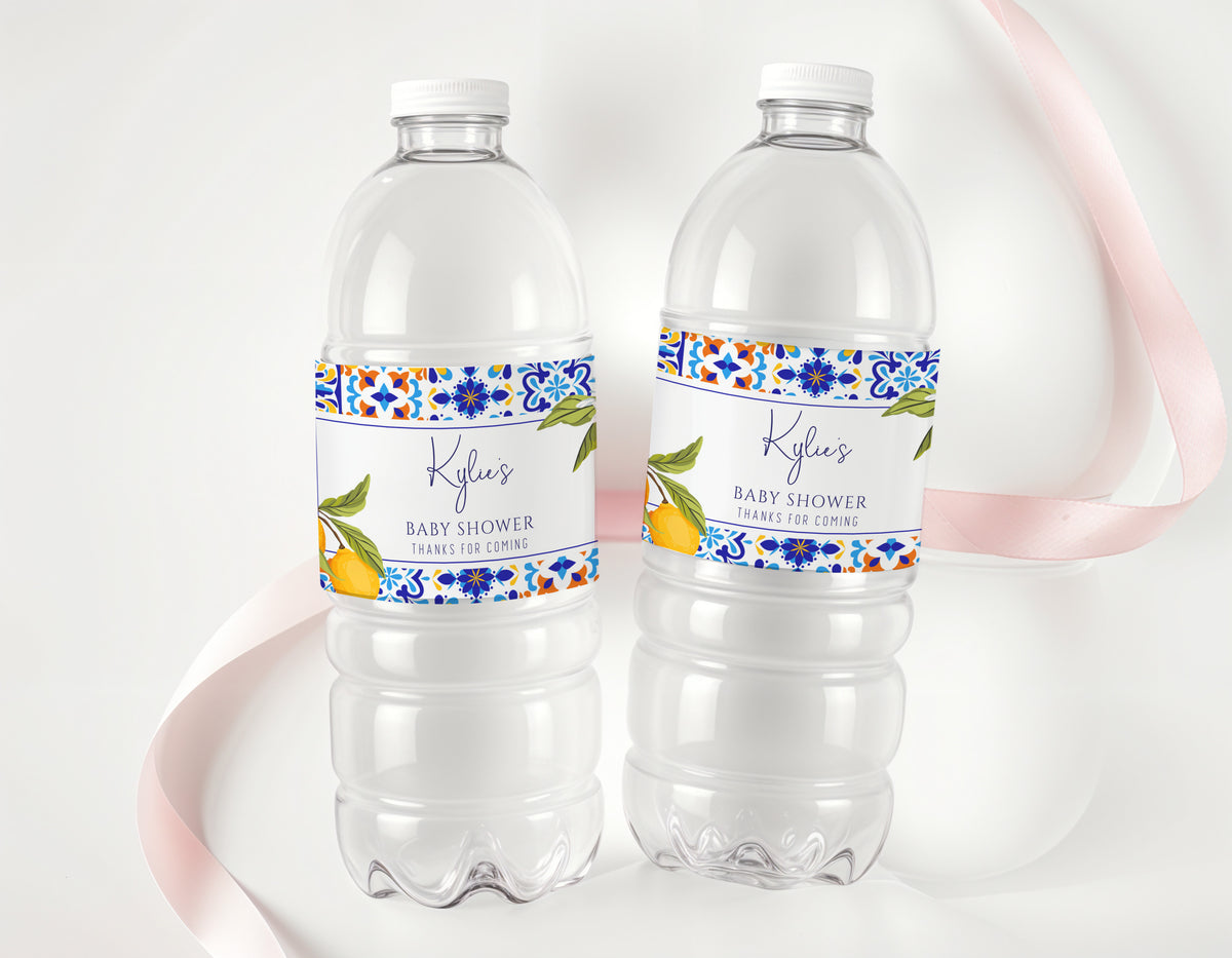Amalfi Lemons Baby Shower Personalised Water Bottle Labels