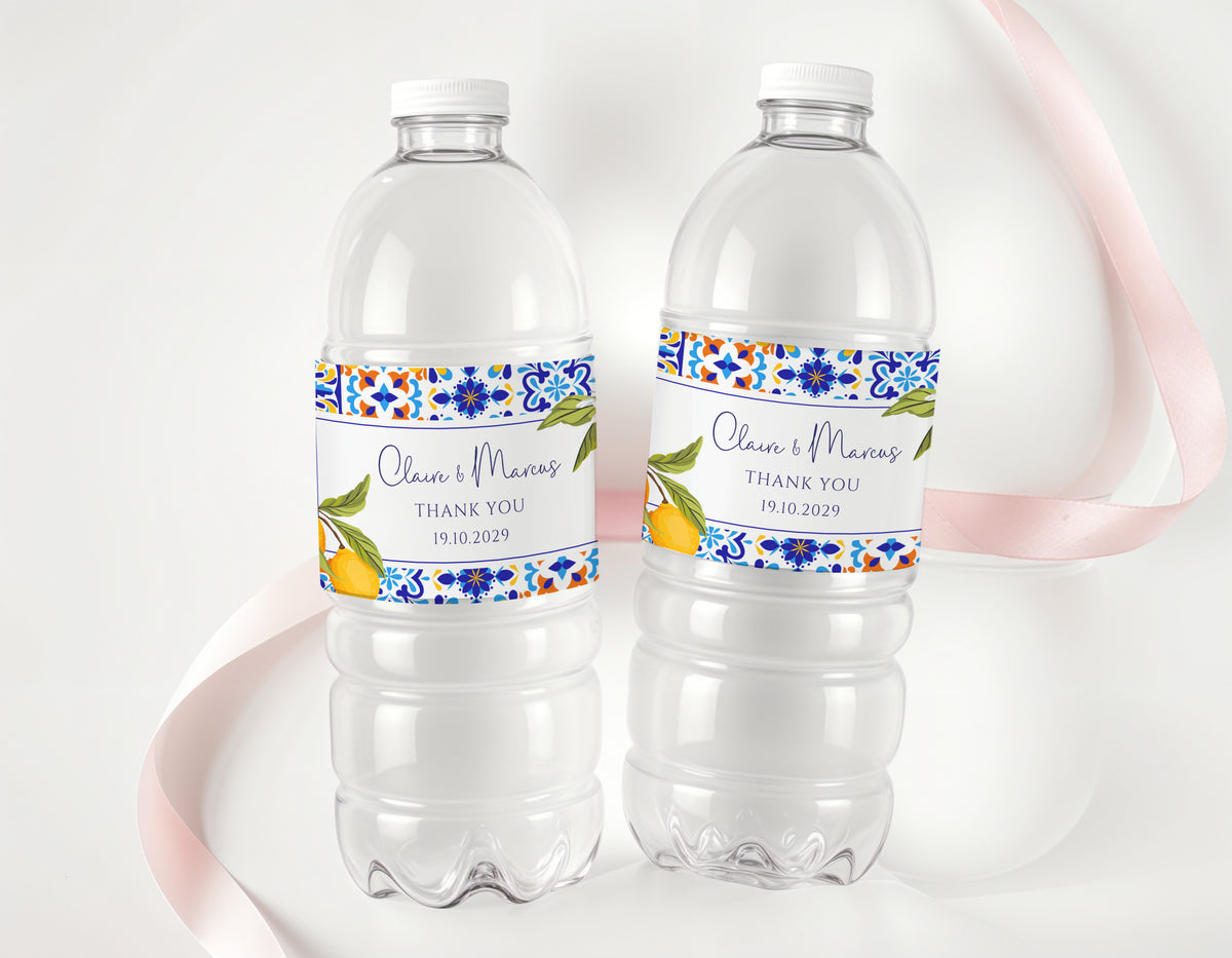 Amalfi Lemons Wedding Personalised Water Bottle Labels