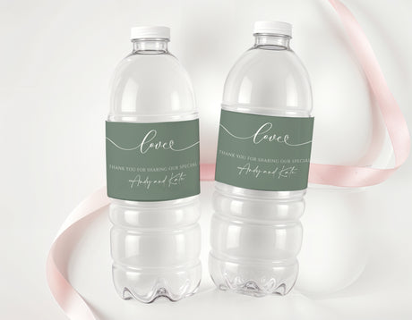 Sage Wedding Love Personalised Water Bottle Labels