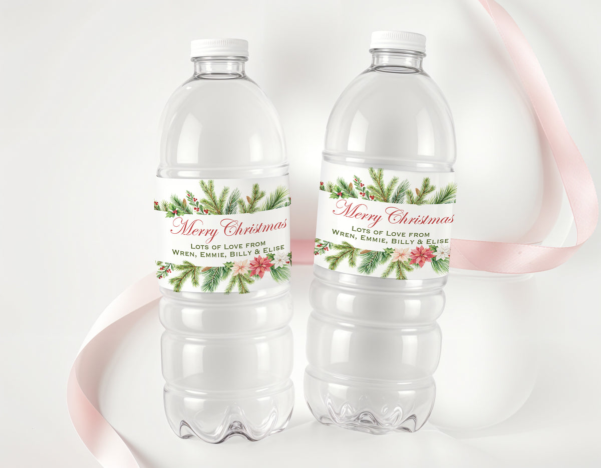 Watercolour Christmas Personalised Water Bottle Labels