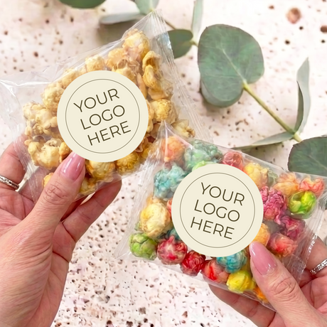 Personalised popcorn bags set: clear bags with yellow popcorn and logo labels