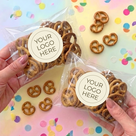 Corporate personalised pretzel snack bags with pretzels, 'YOUR LOGO HERE' label