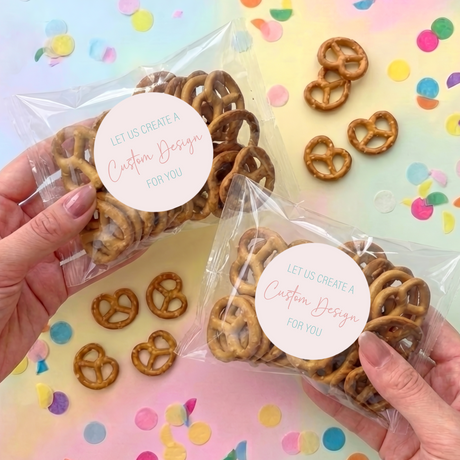 Clear pretzel bags with heart pretzels and circular custom design label