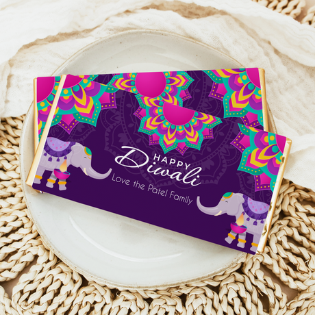 Purple Happy Diwali chocolate bar in colorful elephant and mandala wrapper