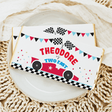 Race car birthday chocolate bar wrapper with checkered flags and 'Two Fast' text
