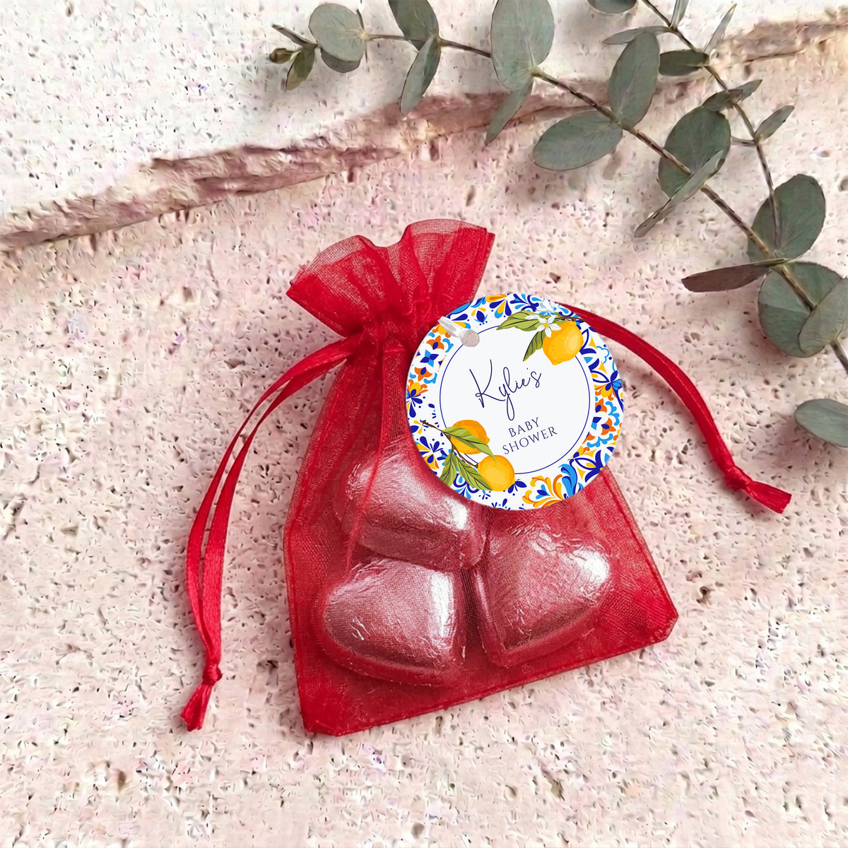 Amalfi Lemons Baby Shower Personalised Organza Bags with Chocolate Hearts