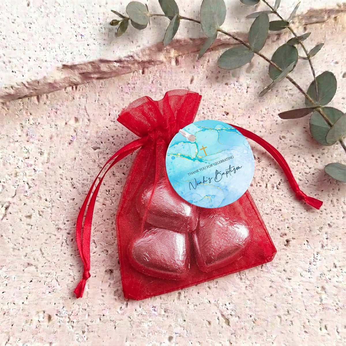 Blue Gold Cross Baptism Personalised Organza Bags with Chocolate Hearts