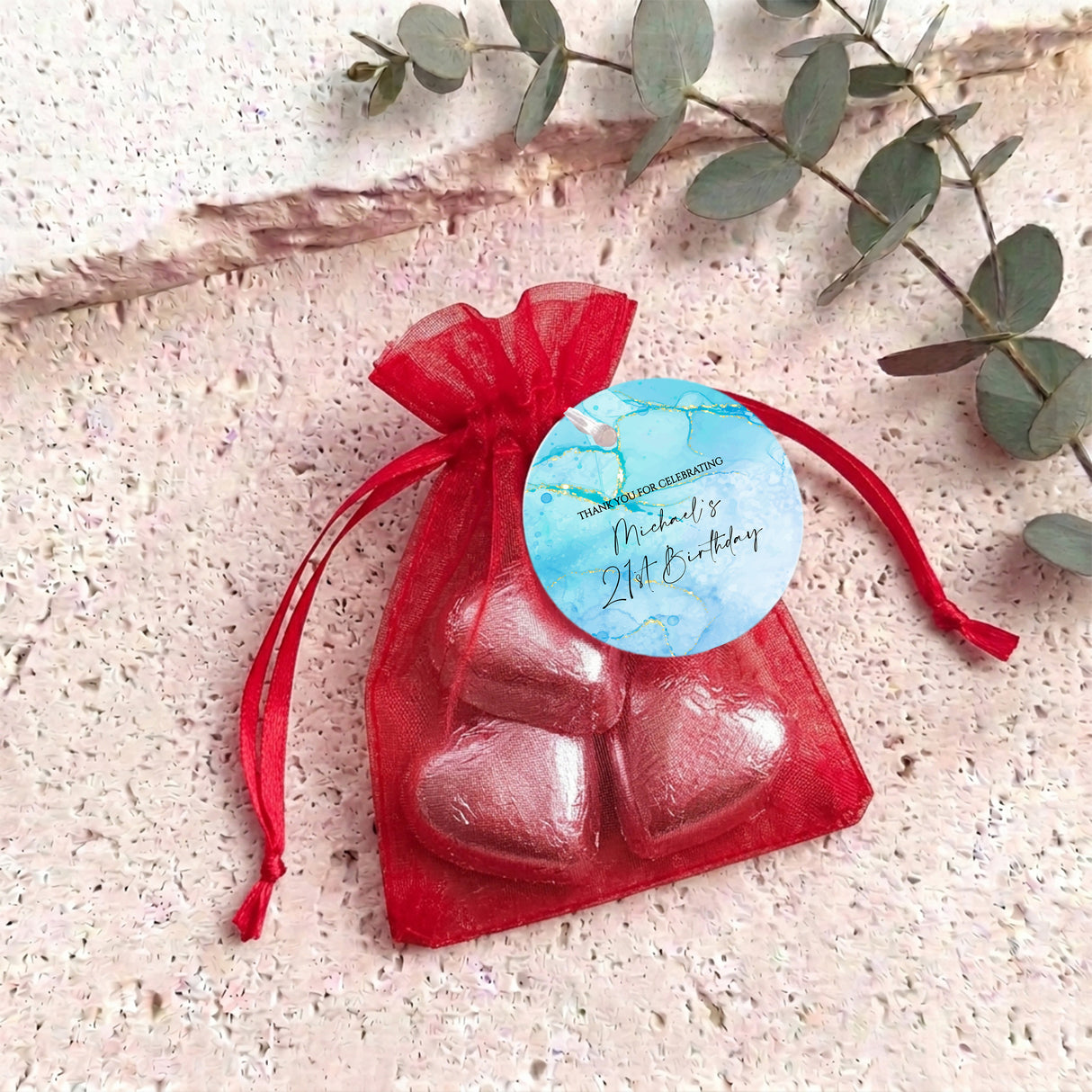 Blue Gold Marble Adult Birthday Personalised Organza Bags with Chocolate Hearts
