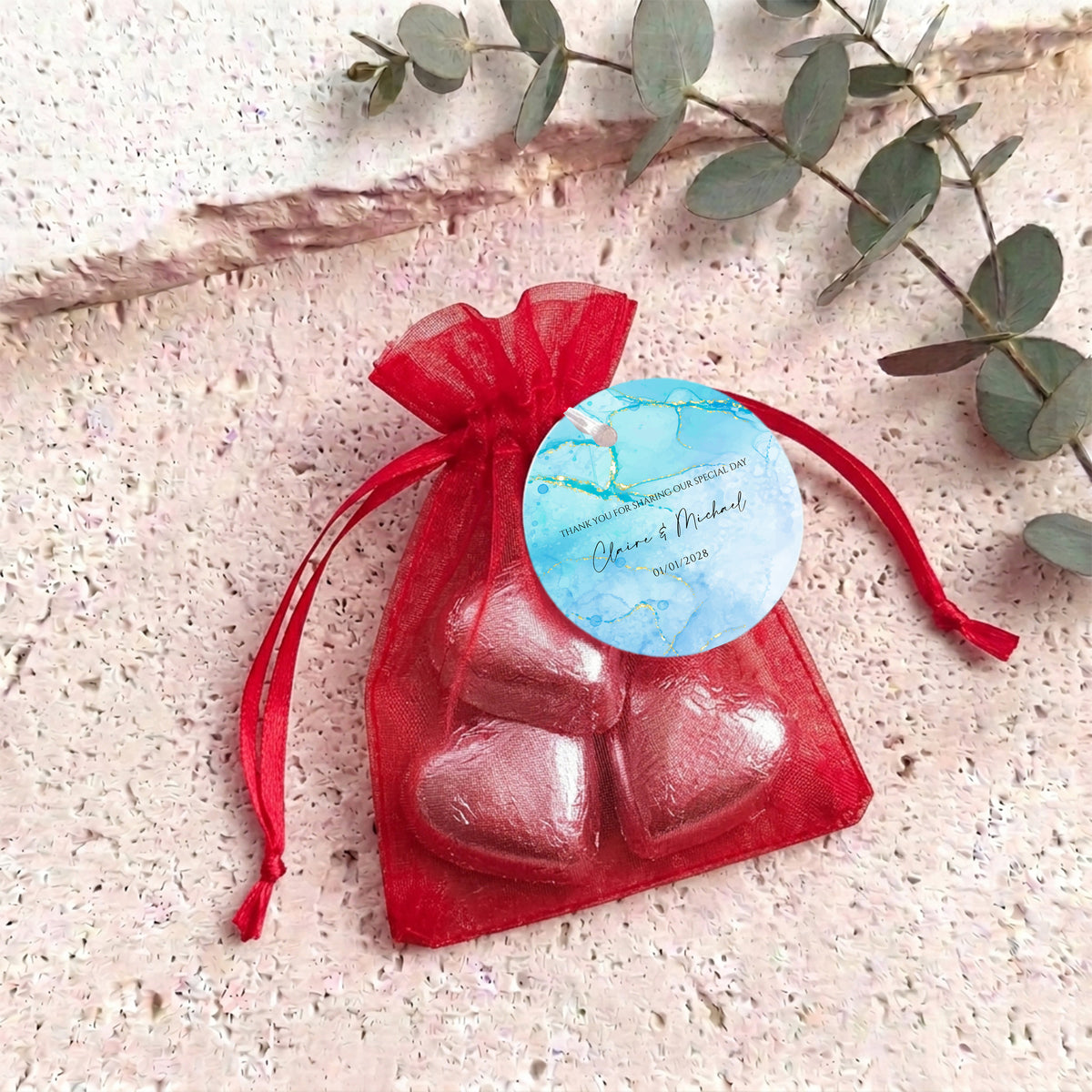 Blue Gold Marble Wedding Personalised Organza Bags with Chocolate Hearts