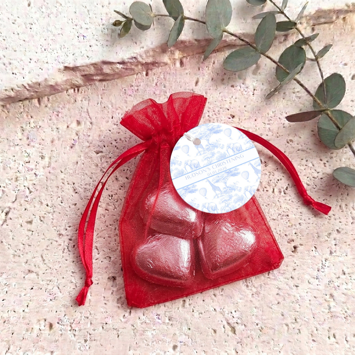 Blue Safari Toile Christening Personalised Organza Bags with Chocolate Hearts