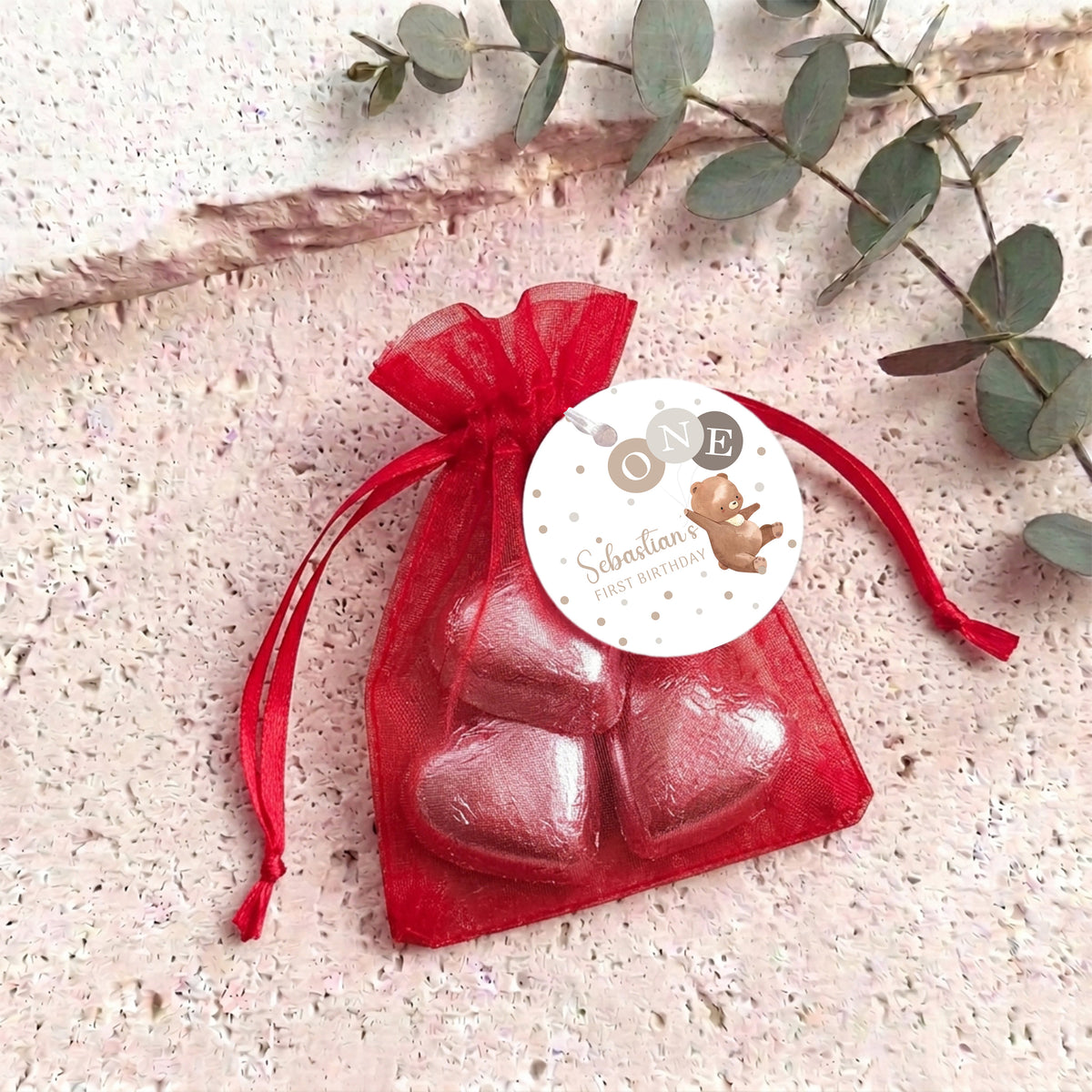 Brown Bear Balloons Baby Personalised Organza Bags with Chocolate Hearts