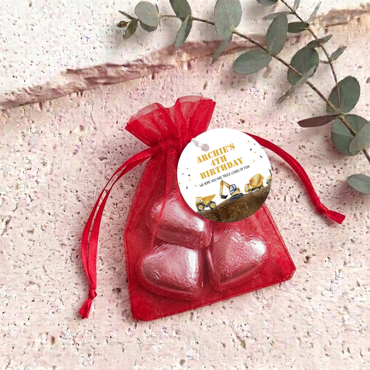 Construction Trucks Personalised Organza Bags with Chocolate Hearts