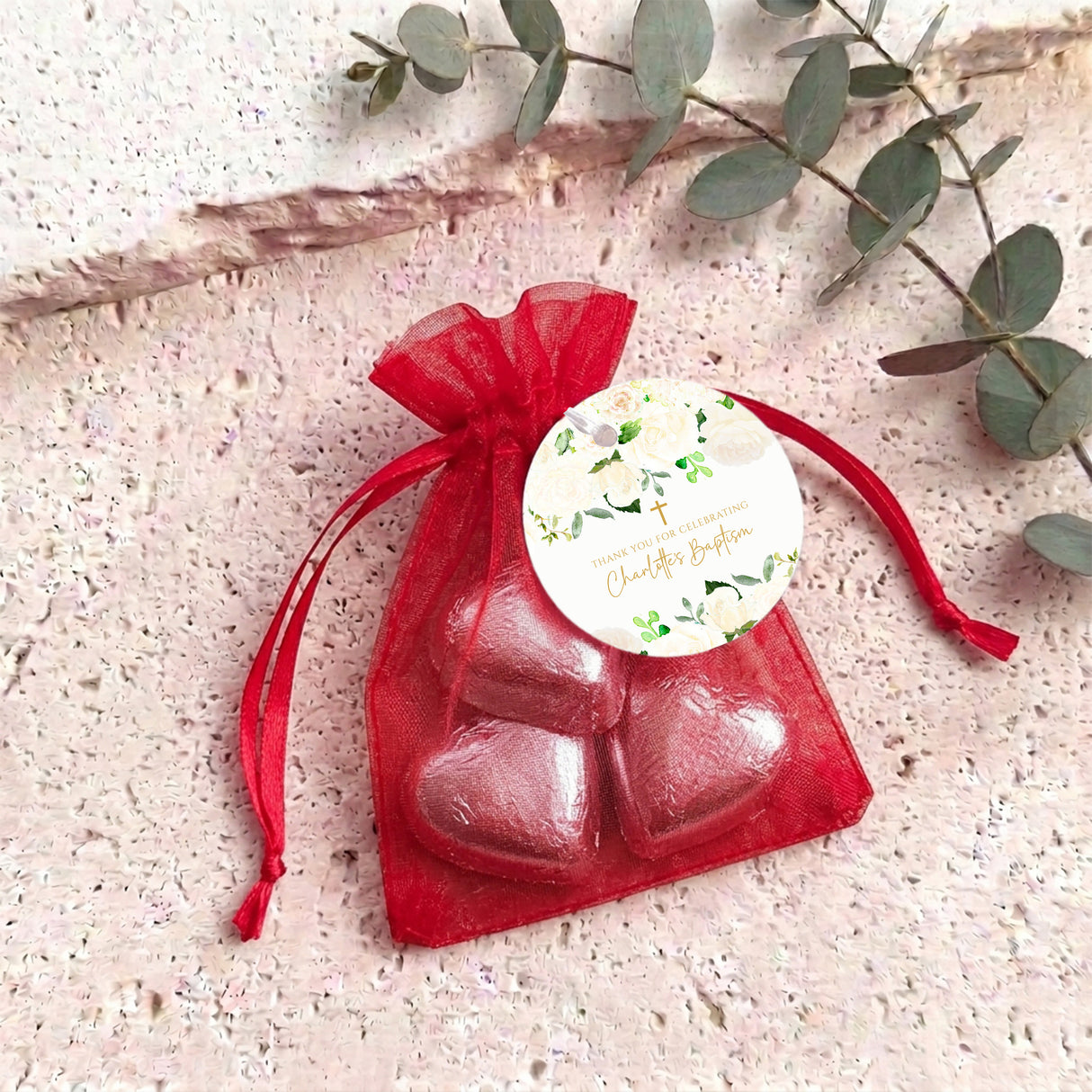Cream Rose Waterfall Christening Personalised Organza Bags with Chocolate Hearts