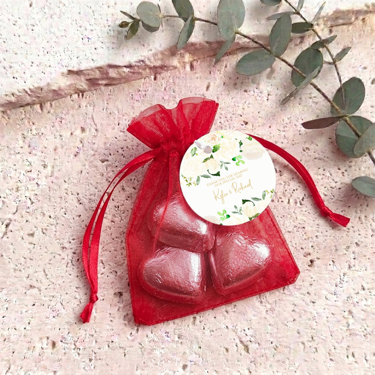 Cream Rose Waterfall Wedding Personalised Organza Bags with Chocolate Hearts