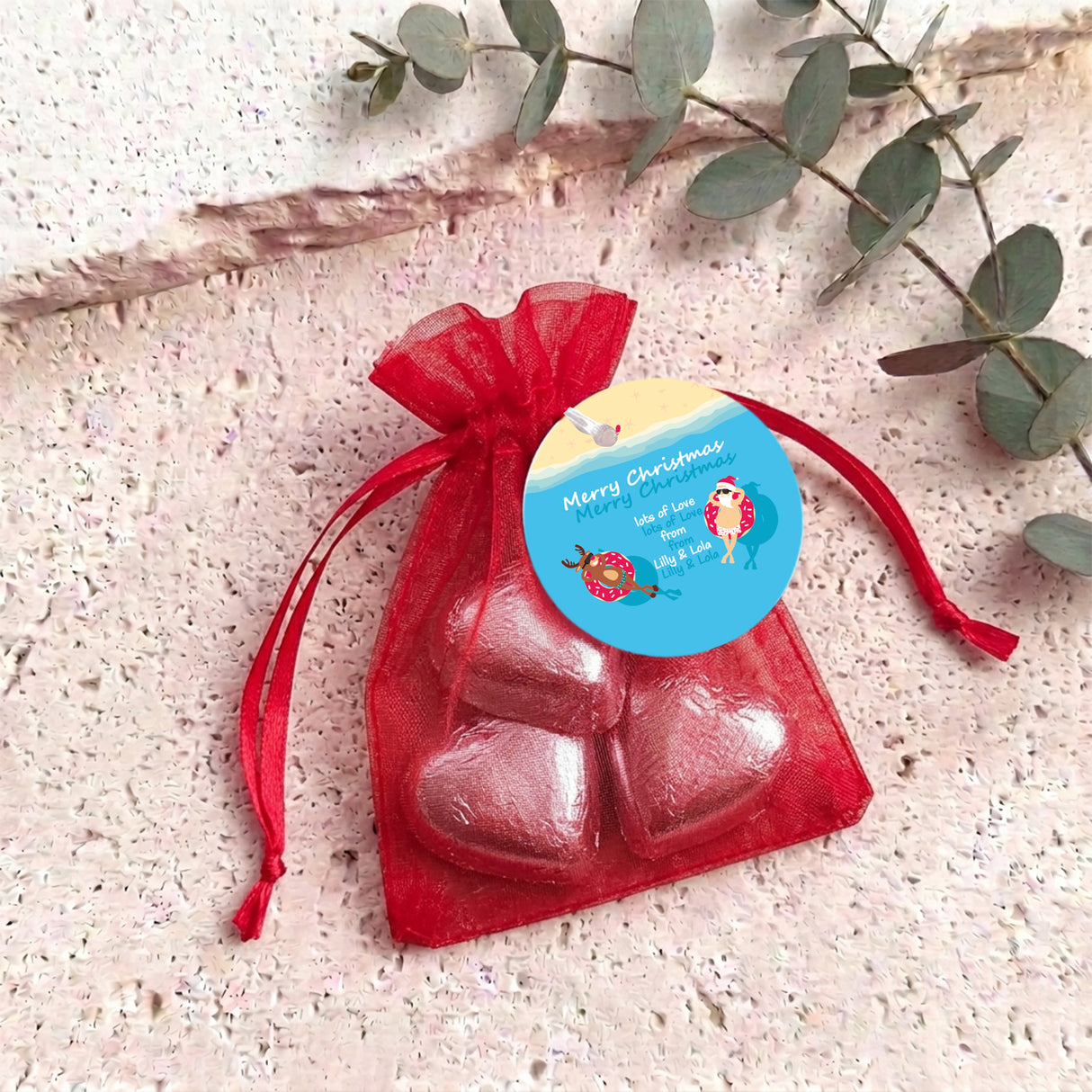 Donut Santa Personalised Organza Bags with Chocolate Hearts