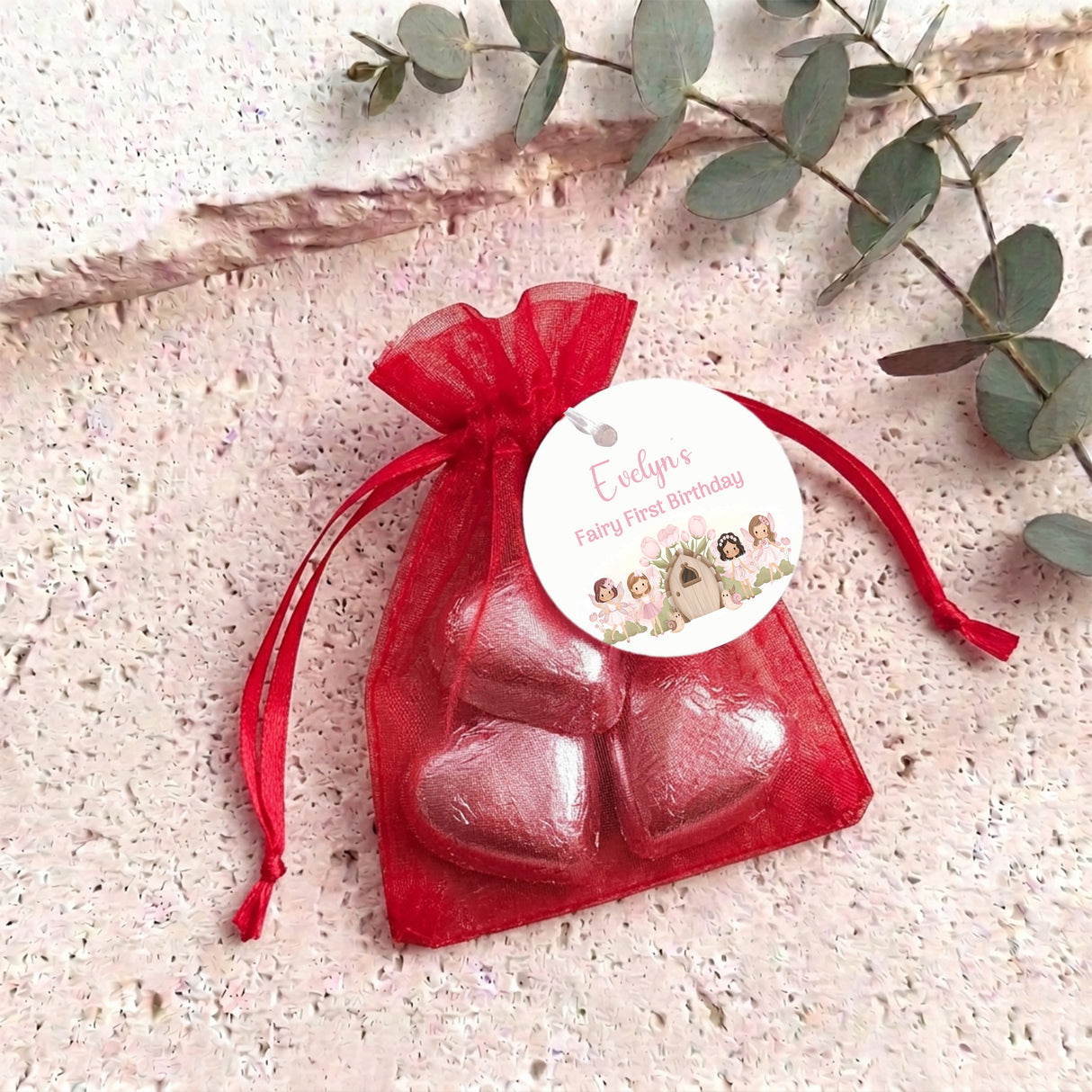 Fairy Birthday Chocolate Wrapper Personalised Organza Bags with Chocolate Hearts
