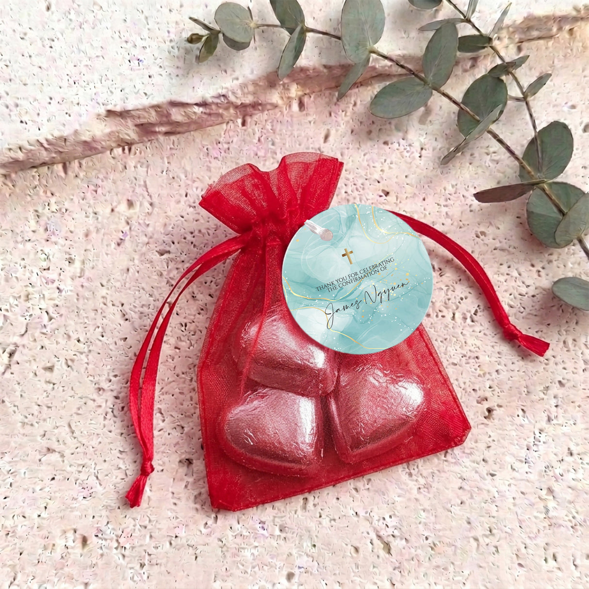 Green Gold Cross Confirmation Personalised Organza Bags with Chocolate Hearts