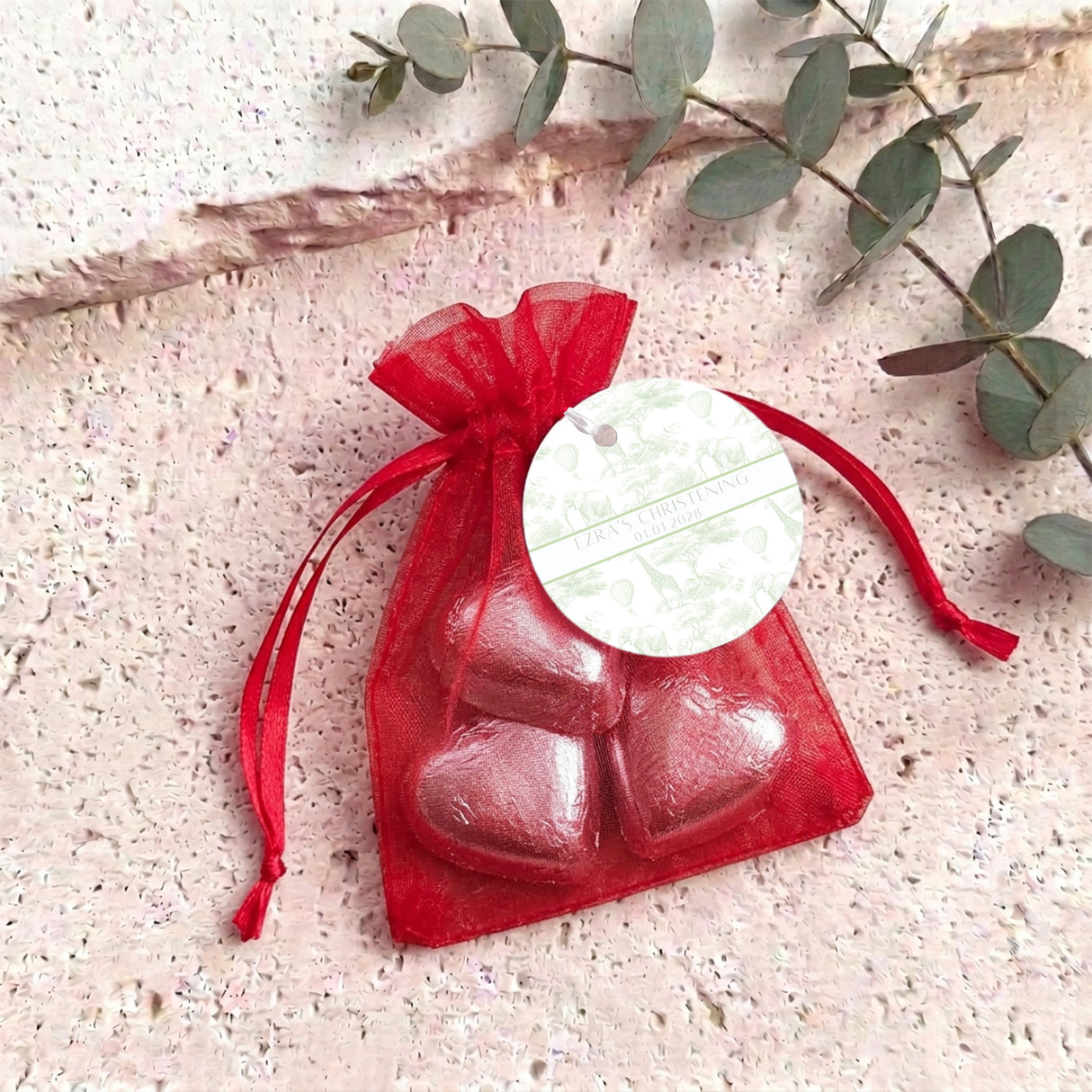 Green Safari Toile Christening Personalised Organza Bags with Chocolate Hearts
