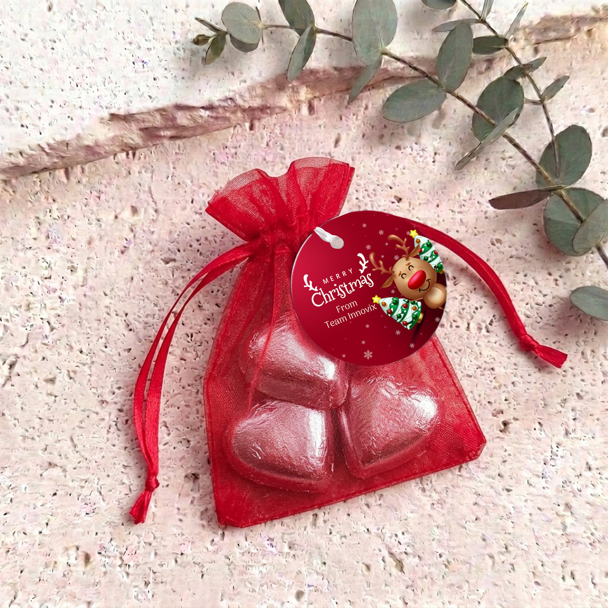 Happy Reindeer Personalised Organza Bags with Chocolate Hearts