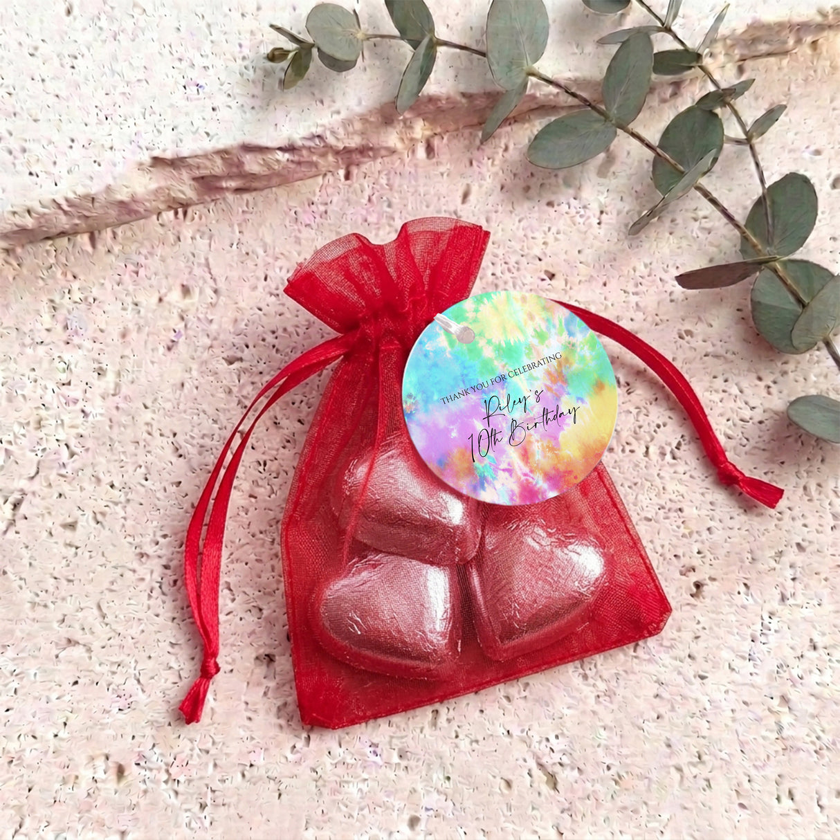 Kids Tie Dye Birthday Personalised Organza Bags with Chocolate Hearts