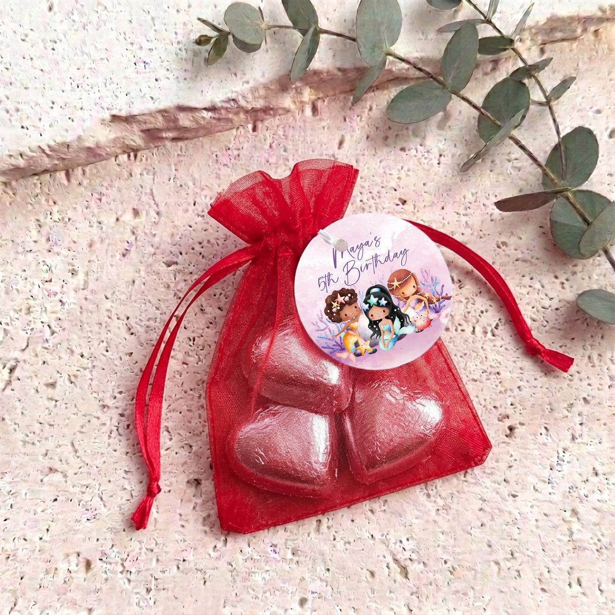 Mermaids Birthday Personalised Organza Bags with Chocolate Hearts