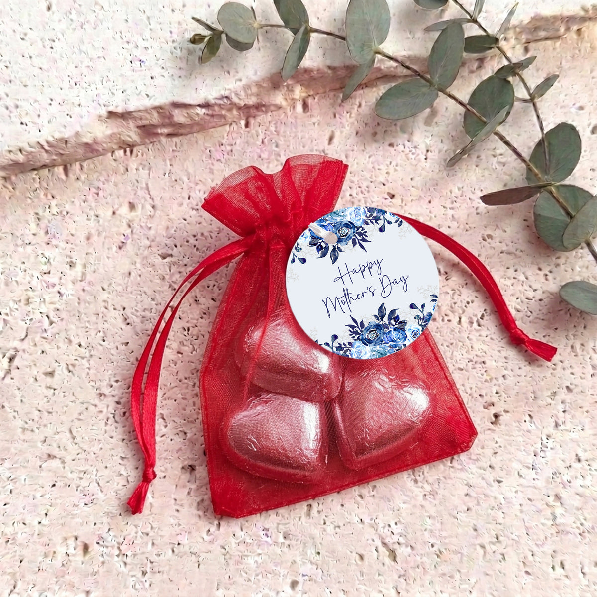 Navy Blue Waterfall Mothers Day Personalised Organza Bags with Chocolate Hearts